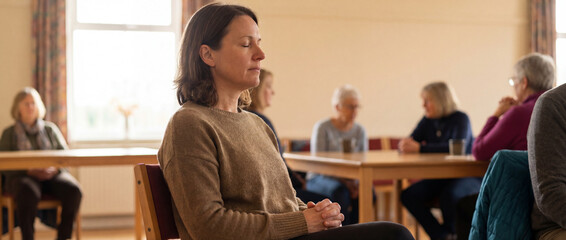 Woman sitting thoughtfully during group session, reflection, emotional awareness and mental health support environment