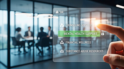 A person accessing mental health support resources on a digital platform in a modern office