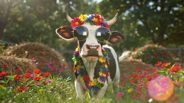 A whimsical hippie cow wearing oversized round sunglasses colorful floral accessories, cartoon funny eyes, dancing slowly vibrant rural farm neon flowers, rainbow hay bales, sun flare, butterflies fly