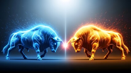 Dynamic illustration of two glowing bulls facing off in dramatic lighting