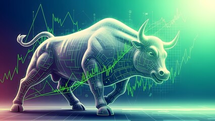 Futuristic bull with stock market graph in vibrant colors