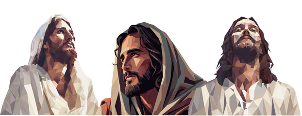Set of three polygonal geometric vector portraits of Jesus Christ in a modern low poly style. Calm, hopeful and prayerful expressions on a white background for religious and spiritual design
