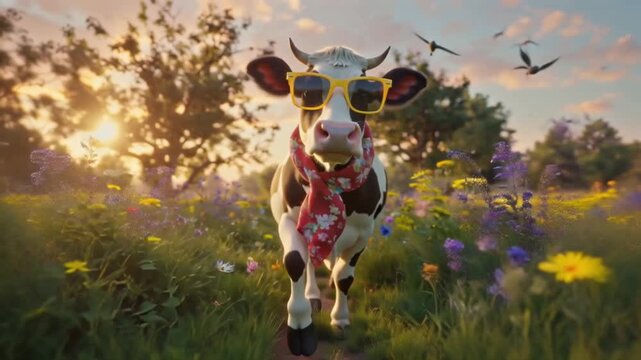 A whimsical hippie cow wearing oversized round sunglasses colorful floral accessories, cartoon funny eyes, dancing slowly vibrant rural farm neon flowers, rainbow hay bales, sun flare, butterflies fly