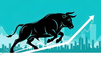 Bull market concept with rising graph and city skyline