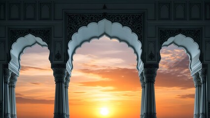Ornate arches framing a vibrant sunset with dramatic sky