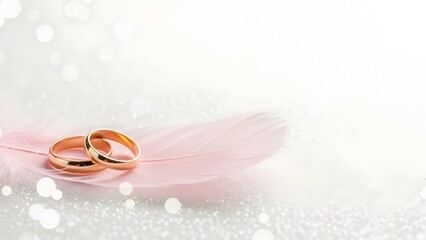 Elegant gold wedding rings on pink feather with bokeh background