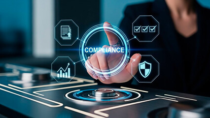 A person ensuring regulatory compliance with a futuristic interface