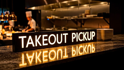 Obraz premium A sign indicating takeout pickup in a modern restaurant kitchen with a chef in the background