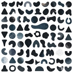 Fototapeta premium Collection of various abstract dark blue shapes, some textured, arranged in a grid pattern on a white background
