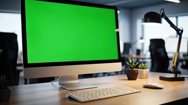 A modern computer monitor displaying a vibrant green screen on a clean office desk with various accessories.