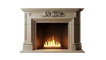 Elegant stone fireplace with burning fire isolated on transparent background