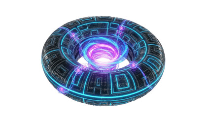 Futuristic Torus Portal with Neon Lights, Isolated Transparent Background