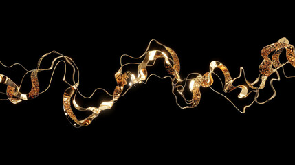 An abstract 3d fluid loop made of photorealistic, glossy gold wire floating on a completely black background.