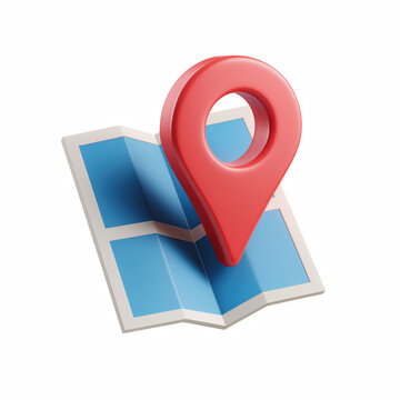 3D cute map with red location pin marker icon isolated on transparent background.