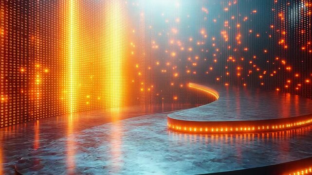 Curved illuminated stage creating a dynamic virtual platform ready for presentations, product launches, or digital performances with brightly glowing backdrop and sparkling particle effects