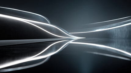 Fototapeta premium Futuristic architectural interior with smooth curves and ambient lighting. An empty, modern, and sleek interior space with flowing lines and illuminated walls, reflecting a sense of advanced design