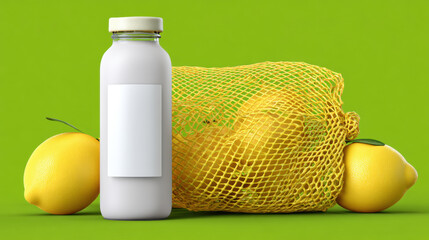 White bottle with blank label next to fresh lemons in a yellow net bag on green background. A clean white bottle with an empty label sits beside a mesh bag filled with ripe lemons.