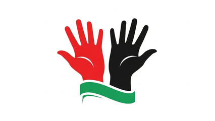 Obraz premium Diverse Hands Together in Red and Black with Green Ribbon Isolated on White