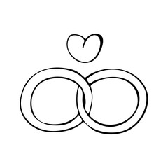 Interlocked wedding rings with heart minimalist love doodle illustration isolated on white