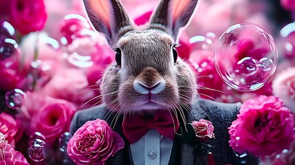 Elegant Rabbit in Suit Surrounded by Roses and Bubbles