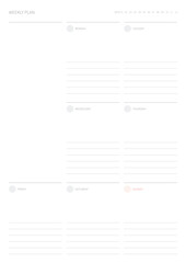 A weekly plan design template in a modern, simple, and minimalist style. Note, scheduler, diary, calendar, planner document template illustration.