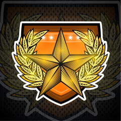 Golden star with laurel wreath on shield. Vector sports emblem
