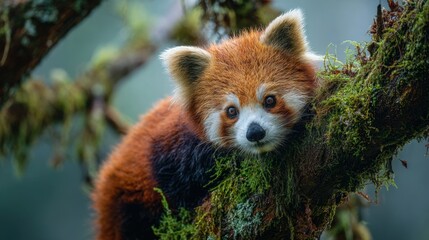 A red panda resting peacefully on a mossy branch
