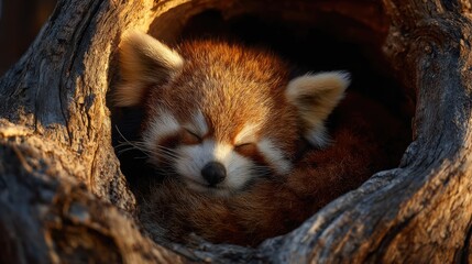 A sleeping red panda snuggled up in a tree hollow, showing peacefulness