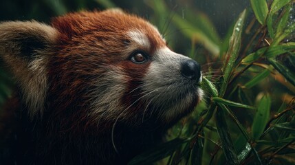 A red panda in the wild, surrounded by green foliage, gazes towards the light. Its reddish-brown fur and expressive eyes create a captivating image.