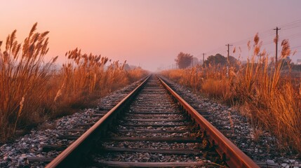 Railway tracks stretching into the distance at dawn, shrouded in a soft, dreamy atmosphere