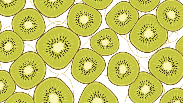 Fresh and vibrant seamless pattern of green kiwi fruit slices scattered with thin, wavy golden lines on a white background.