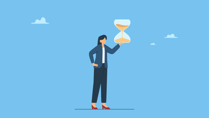 Businesswoman manager holding hourglass, sandglass as timer or time counting down. Deadline or time counting down on business project, time management, urgency or time schedule.
