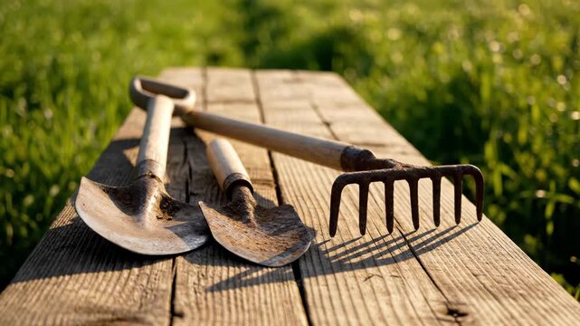 Tools  rake  two shovels  sit on weathered wood  Green grass is blurry in the background under bright light