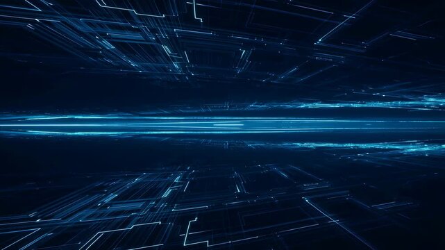 Futuristic digital landscape with glowing blue lines and data streams. Represents technology, innovation, and the digital age