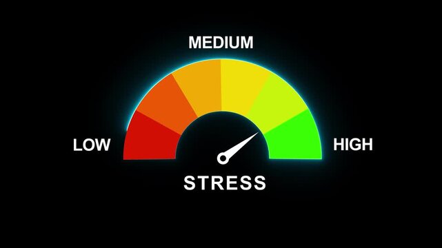 Animated Stress Level Meter, Mental Health Indicator with Low High Scale on black Background. High stress level indicator, increasing nerves strain performance. Motion graphics of alert meter