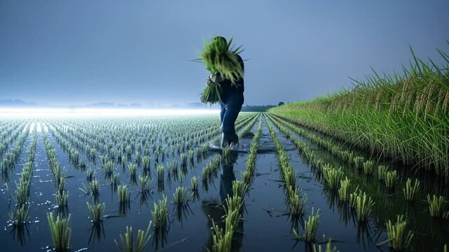 Farmer Working in Rice Paddy at Dusk.