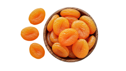 Wooden Bowl of Whole Dried Apricots Scattered on Checkered Background Top View.png