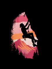 Silhouette of a climber with vibrant sunset colors in the background.