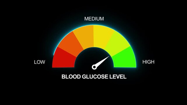 Animated Blood Glucose Gauge, Medium, Prediabetes, Diabetes Needle Indicator for Health Videos.Blood Glucose Level Meter, Health Meter for Blood Sugar Levels. Motion graphics of alert meter