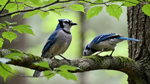 Two blue jays perch on a mossy branch under leafy green foliage one looking directly at the viewer