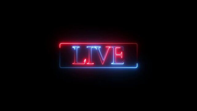 Live Neon Glow Sign animation on Black Background Overlay OBS or Stream labs Studio hi-tech overlay for streamers. Motion graphics of live screen