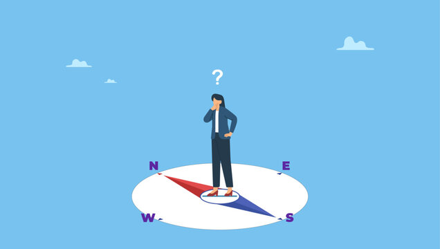 Confused businesswoman in the middle of compass thinking which way to go. Lost direction, frustrated to make decision or challenge to find right solution, unknown career path or work guidance.
