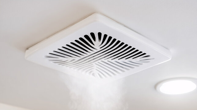 Ceiling ventilation grille emitting steam domestic interior technical detail and duct airflow