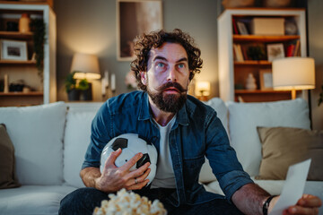 Shocked man watching football at home feeling suspense