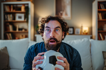 Man soccer fan watching match feeling excitement and surprise