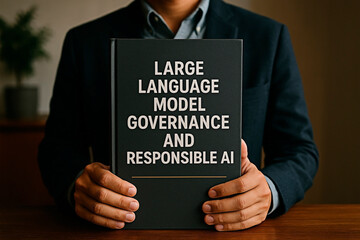 A man holding a book about large language model governance and responsible AI