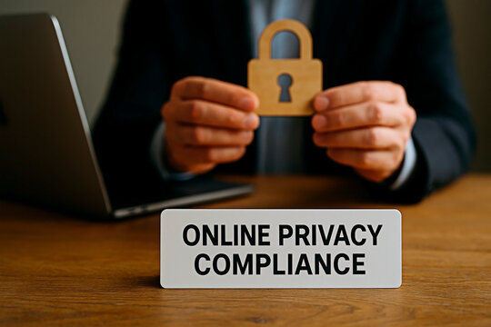 A man in a suit holding a padlock for online privacy compliance