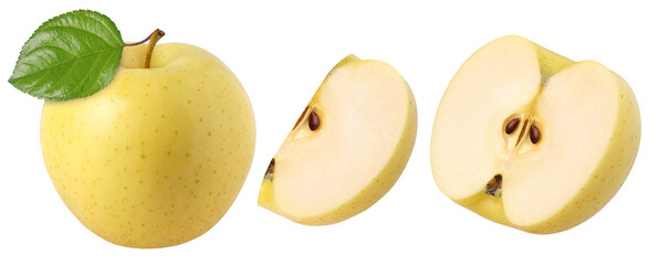 yellow apple with leaves, half and slices isolated,  transparent PNG, PNG format