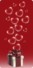 Vertical greeting card with transparent hearts, light gift box, and burgundy bow on red background with copy space