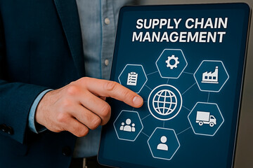A businessman interacting with a digital supply chain management interface on a tablet
